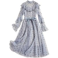 Wholesale PERHAPS U Blue Black Beige Pink Lace Polka Dot Mesh Sash Pearl Gown Long Sleeve O Neck Midi Sleeve Elegant Dress Pieces D1229
