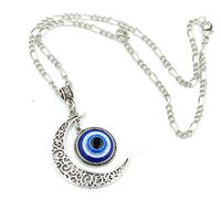 Wholesale Vintage Style Silver Plated Islamic Moon Evil Eyes Pendant Necklace Crescent Moon Turkey Blue Eyes Necklace For Women C3