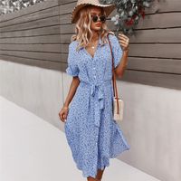 Wholesale Spring Bandage Dress Women Casual Short Sleeve Button Floral Print For Woman Summer Holiday Style