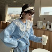 Wholesale Women s Sweaters nightgown from the neck of spring bow doll and autumn fashion releases short pocket around long cardigan mesh sleeve U51O