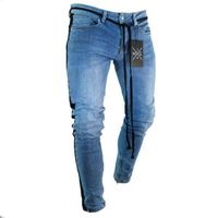 Wholesale Men s Jeans Men Skinny Ripped Sexy Hole Male Denim Pants Zipper Slim Biker Outwears Side Stripe Lace Up Pencil Trouser