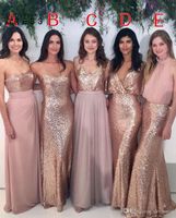 Wholesale Bridesmaid Dresses Mixed Blush Pink Chiffon with Rose Gold Sequined Floor Length Mixture Styles Country Wedding Party Gowns