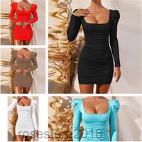 Wholesale Casual Dresses Autumn And Winter Sexy Open Back Pile Shoulder Long sleeved Dress Square Collar Fashion Short Skirt Women s Bag Hip