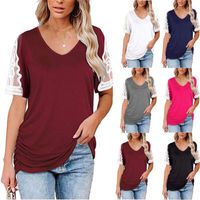 Wholesale Women s T Shirt Women Casual Short Sleeve Tops Lace Hem V neck Loose Style T shirt Wine Red White Blue Black Rosy Grey