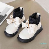 Wholesale Little Kid Knit Ankle Pu Boots For Girl Metal Buckle Bow Shoes Slip On Winter Short Plush Warm Bbay Child Boot Size
