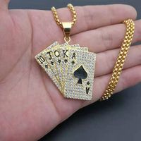 Wholesale Pendant Necklaces Personality Gold Poker Rhinestone Necklace Motorcycle Party Iced Out Chain Men Women Rock Jewelry