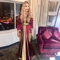 Wholesale Burgundy Dubai Evening Dresses Moroccan Kaftan Golden Appliques Belt Satin Saudi Arabic Muslim Special Occasion Prom dress