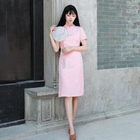 Wholesale Women s Knits Tees National Style Improved Cheongsam Pink Medium Long Slim Daily Tea Clothes Summer Republic Of China Dress