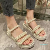 Wholesale Sandals For Girls Summer Pearl Female Flat Platform String Bead Open Toe Roman Shoes Elastic Band Women Sandal