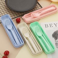 Wholesale Dinnerware Sets Outdoor Reusable Practical Cover Wheat Straw Slot Design Cutlery School Tableware Box Set With Storage Bag Travel