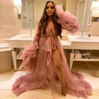 Wholesale Sexy Blush Pink See Thru Women Long Tulle Robe Ruffles Tiered Full Sleeves Dresses Beach Party Maternity Poshoot Dress Casual