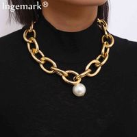 Wholesale Gothic Big Imitation Pearl Pendant Choker Steampunk Men Hip Hop Heavy Metal Chunky Lock Chain Necklace Women Jewelry