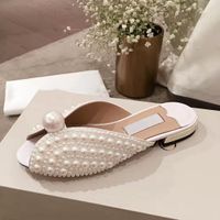 Wholesale with Box dust Bag All Over Pearls Slide White Satin Sandals Women Slippers Beach Shoes Summer New Arrival Low Heel Casual Sandals