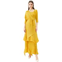 Wholesale New Arrival Beautiful with Shawl Belt Miyake Unique Design Stereoscopic Pleated Long Sleeve Free Size Dress
