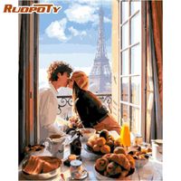 Wholesale Paintings RUOPOTY Oil Painting By Numbers For Adults Romantic Lover Kiss On Window Figure Po Number HandPainted Framed Wall Crafts