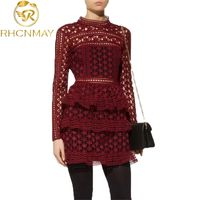 Wholesale Spring Summer Self Portrait Layers Ruffles Party Dress Runway Women Wine Red Lace Hollow Out Short Cake Vestidos
