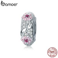 Wholesale 925 Sterling Silver Spacer Charm for Original Brand Snake Bracelet Pink CZ Plum Blossom Flowers Jewelry Making BSC152