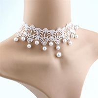 Wholesale Fashion Elegant Vintage Imitation Pearl White Lace Statement Choker Necklaces Bridal Jewelry For Women Wedding