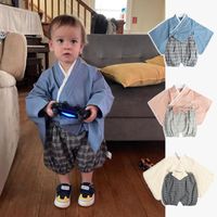 Wholesale Ethnic Clothing Baby Japanese Style Kimono Girl Boy Pajamas Jumpsuit Sleepwear Kids Plaid Rompers Yukata Korean Cute Hanbok Pyjamas Set