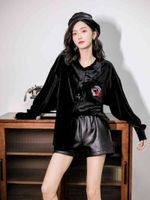 Wholesale skirt oversized shirt top female fashion black velvet blouse sleeve upper crusted letter