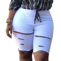 Wholesale White Sexy Hole High Waist Straight Denim Shorts Women Summer Cotton Solid Color Slim Jeans Shorts Lady Knee Length Jeans X0715