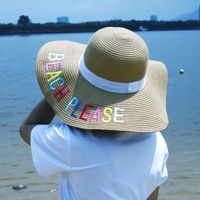 Wholesale Fashion Foldable Straw Sun Hats For Women Word Embroidery Wide Brimmed Beach Visors Ladies UV Cap Woman Bucket Hat White Black Khaki Colors
