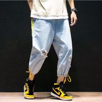 Wholesale Spring Pants Male Students Korean Style Ripped Jeans Loose Straight Wide leg Trend Nine point Tie foot Men s Trousers