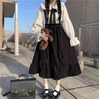 Wholesale Japanese College High Waist Show Thin Black Mid Length Ruffled Student fairy dress tea party lolita sweet doll