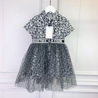 Wholesale girls short sleeve Children s mesh stitched dress gray color designer summer girl dressing size