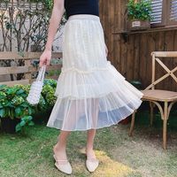 Wholesale Skirts Tutu Tulle Skirt Women Fashion Spring Summer Korean High Waist Pleated Mesh Lace Patchwork Beige Or Black