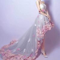 Wholesale Casual Dresses Commemorative Edition Wedding Lace Flower Word Shoulder White Bride Short After Long Small Trailing Dress Al1844