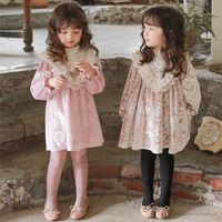 Wholesale Girls pink velvet dresses kids lace hollow embroidery falbala princess dresses fall winter children birthday party clothing Q3774