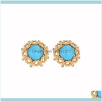 Wholesale Stud Jewelrystud Light Yellow Gold Color Flower Metal Small Round Artificial Green Turquoises Stone Earrings Trendy Jewelry Drop Delivery