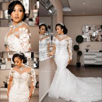 Wholesale Arabic Aso Ebi Mermaid Wedding Dresses Long Sleeves D Floral Lace Sparkly Beaded Plus Size Bridal Party Gowns Robe De Marriage