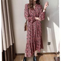 Wholesale Autumn Winter Large Size Women Small Daisy Floral Printed Chiffon Dress Vintage Long Sleeve Slim Fit V Neck Fairy Vestidos Casual Dress