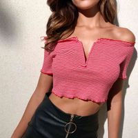 Wholesale Women s T Shirt female fashion large size Straight shoulders sexy wooden ear striped red black short V neck slim top casual T s