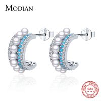 Wholesale Modian Luxury Turquoise Ear Studs Real Sterling Silver Pearl Charm Female Sparkling Stud Earrings For Women Brand Jewelry