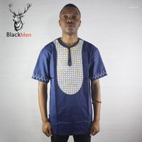 Wholesale Ethnic Clothing African Navy Blue Brave Plaid Embroidered Mens Tops Short Sleeve Henley Shirts For Summer Wearing Dashiki Men1