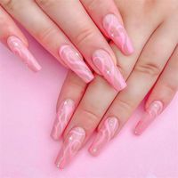 Wholesale False Nails Pink Blue Wave Pattern Stiletto Ballerina Nail Tips Coffin Fake Art Acrylic Press On Decal Decoration With Glue