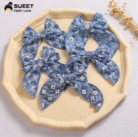 Wholesale girls princess Hair Accessories fashion kids big bowknot hairs clip with blue fabric long tail bow machine embroidered flower children Barrette D005