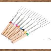 Wholesale NEW8Pcs set U type BBQ Forks Camping Campfire Stainless Steel Wooden Handle Telescoping Barbecue Roasting Fork Sticks Skewers BBQ EWE7511