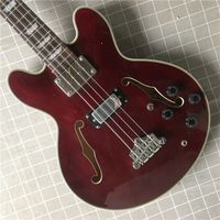 Wholesale Factory New strings Semi hollow Red Electric Bass Guitar with Chrome hardware Rosewood fingerboard offer customize