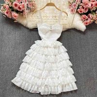 Wholesale Summer French White Spaghetti Strap Sexy Party Dress Women Sweet Floral Lace Spliced Multi layered Short Ball Gown