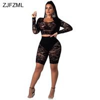 Wholesale Two Piece Women Matching Sets Long Sleeve Crop Top And Biker Shorts Black White Lace See Through Sexy Club Outfits Women s Pants