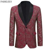 Wholesale Gold Rose Luxury Print Suit Blazer Men Shawl Collar One Button Wine Red Blazers Mens Party Wedding Stage Tuxedo Costume Homme X