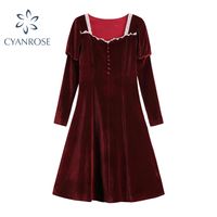 Wholesale Red Flannel Dress Women French Vintage Square Collar Spliced Lace Long Sleeve Midi Frocks Lady Y2K Retro Party Fluffy