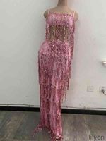 Wholesale Pink Sequin Long Tassel Women Party Long Dress Female Spaghetti Strap Stretch Fringed Bodycon Dress Dancer Singer Stage Costume1