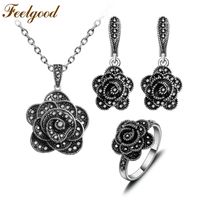 Wholesale Earrings Necklace Feelgood Antique Silver Color Vintage Jewellery Black Crystal Flower Pendant Set Jewelry Sets For Women Birthday Gift