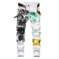 Wholesale Men s Jeans White Print Fashion High Stetch Cotton Colored Drawing Slim Fit Pants Leisure Trousers Size