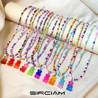 Wholesale Chains Rainbow Gradient Resin Teddy Bear Beaded Necklace For Women Candy Seed Bead Cartoon Charm Y2K Bohemian Girl Jewelry